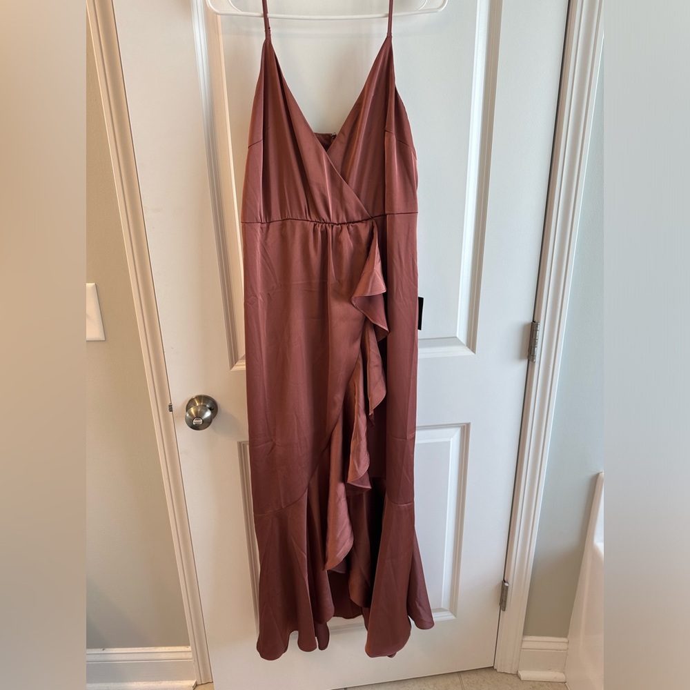 Lulus mauve pink satin ruffled high-low dress